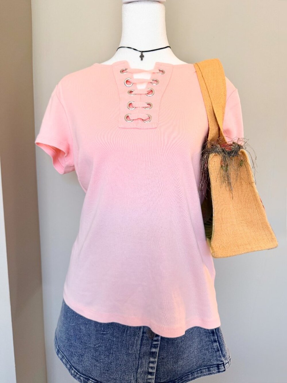 Rafaella Baby Pink Lace Up V Neck Top – Size Large